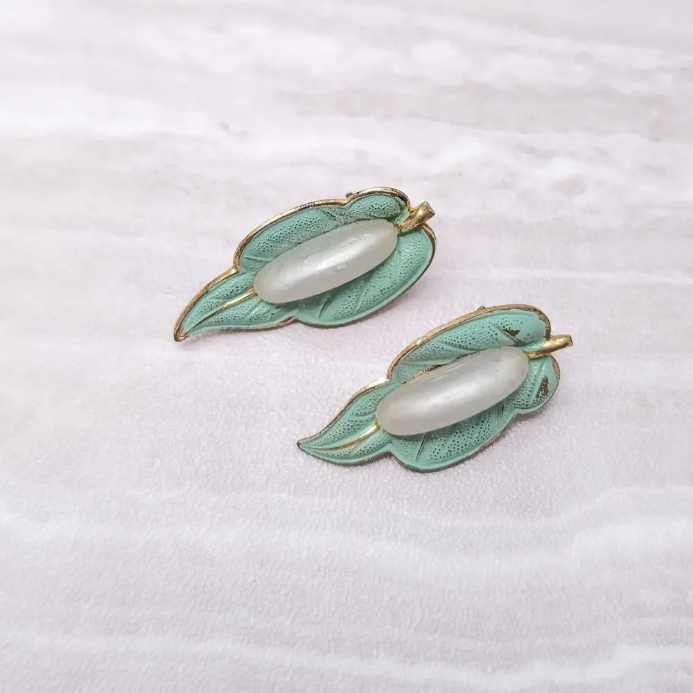 Vintage Clip On Earrings Light Green, Gold Tone, Faux Pearl - Condition Issues